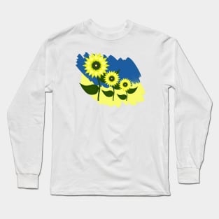 Blooming sunflowers on a blue and yellow background. Colors of the Ukrainian flag. Long Sleeve T-Shirt